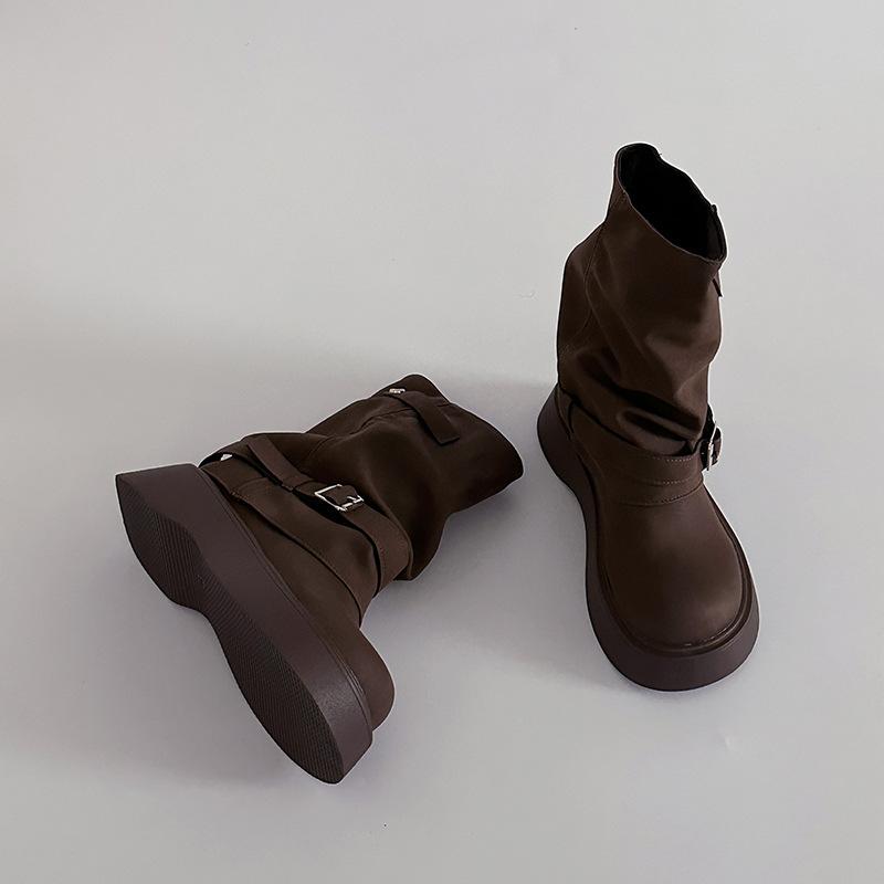 

Niche belt buckle slim pleated knight boots women s 2025 autumn and winter British style fashion medium tube Maillard fashion boots 40 коричневый