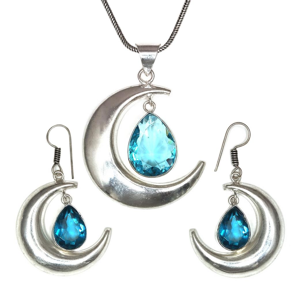 London Blue Topaz Gemstone Mother's Day Jewelry Pendant Earring Set