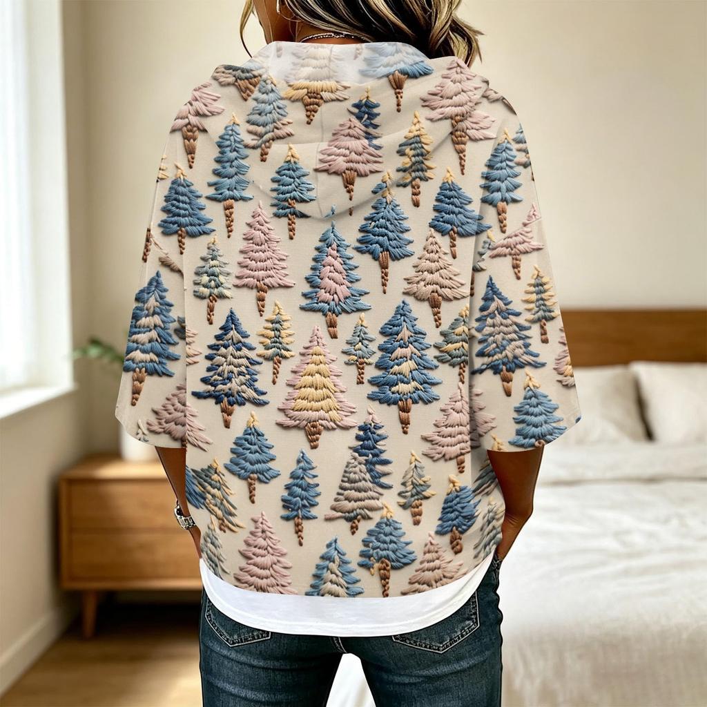 Women's Casual 3/4 Sleeve Hooded Christmas T-Shirt for Holiday Parties and Everyday Wear