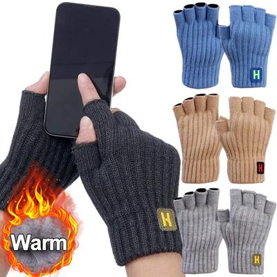 Gants thermiques tricotés épais à demi-doigts pour femmes et hommes, gants d'hiver chauds en laine pour l'extérieur, gants de conduite sans doigts, mitaines pour écran tactile