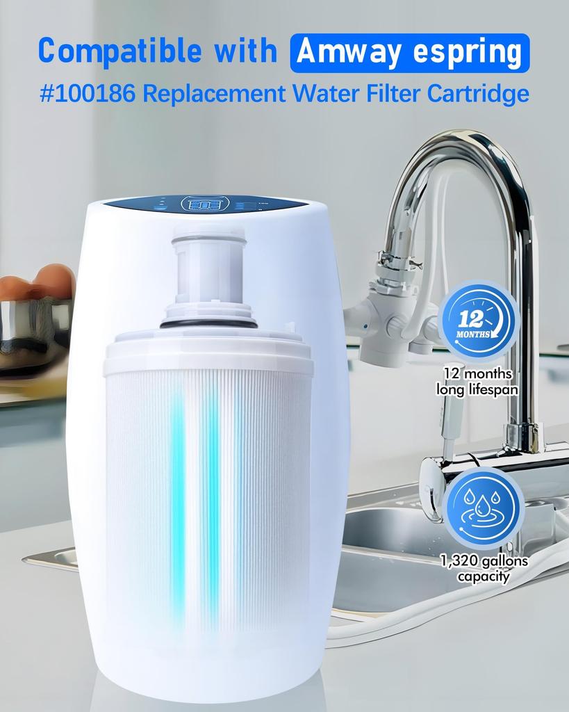 Replacement filter cartridge compatible with the Amway Espring water filter system (100186). White.
