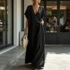 Women's V Neck Maxi Dress Summer Cotton Linen Flowy Beach Sundress Lace Trim Casual Loose Long Dress with Pockets