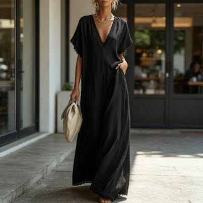 Women's V Neck Maxi Dress Summer Cotton Linen Flowy Beach Sundress Lace Trim Casual Loose Long Dress with Pockets