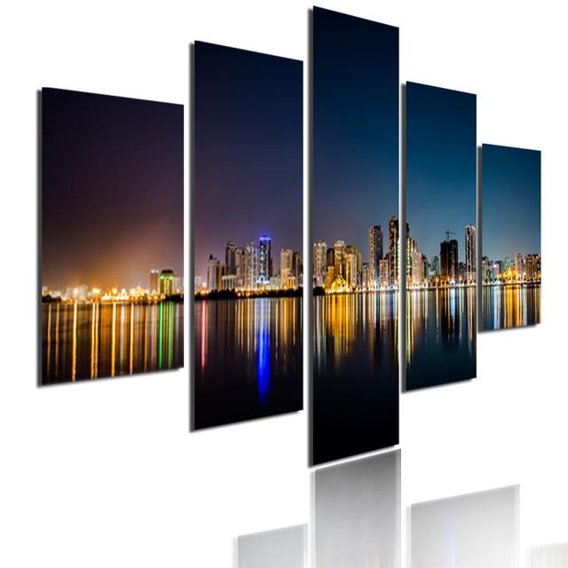 5 Pieces Modular Picture Bustling Cityscape Poster HD Printed Wall Art Modern Metropolis Skyscrapers Canvas Painting Home Decor