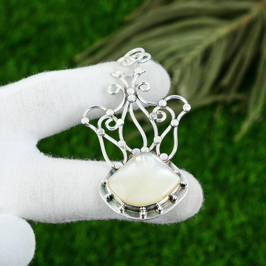 Sterling Silver Trillion Mother Of Pearl Gemstone June Birthday Pendant Jewelry
