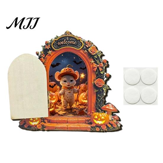 Unique Halloween Shelf Decor Mouse Hole Wall Decoration, Retro Arched Fairy Door with Pumpkin Cute Room Accessories & Flower Decor, Miniature Openable
