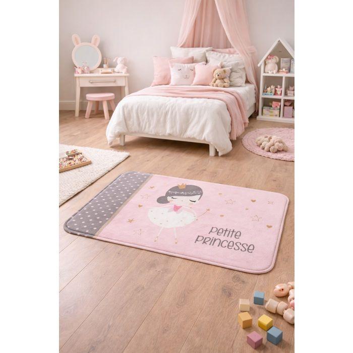 Tapis velours enfant - EDEN - Petite princesse - 45 x 75 cm - Rose et gris - 100% polyester
