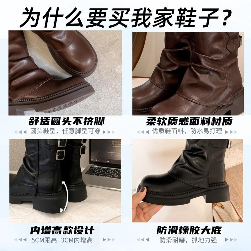 New spot retro British style thick heel belt buckle Martin boots round head inner versatile pile British style fried street