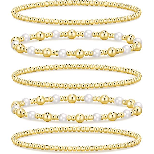 Gold Beaded Bracelets for Women, 14K Real Gold Plated Jewelry for Women Dainty Pearl Bead Bracelets Stack, Non Tarnish Trendy Stackable Ball Cross
