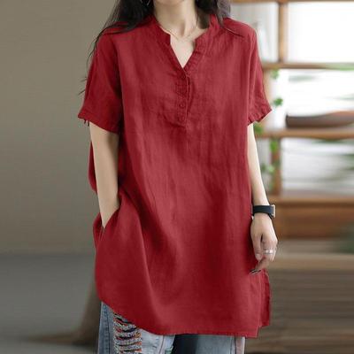 Top da Donna Estivo a Maniche Corte con Bottoni, Colore Unito, Taglie Forti, Scollo a V, T-shirt Comoda, Senza Elasticità