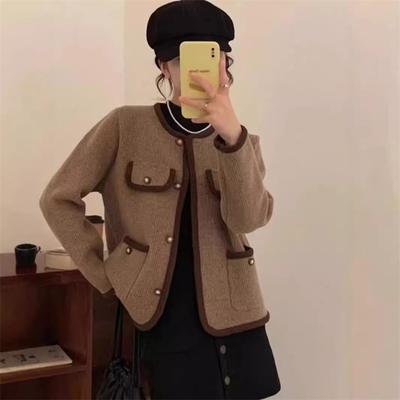 Temperament Round Neck Versatile and Thin Imitation Double-sided Coat Small Autumn and Winter Cardigan Women's Trend