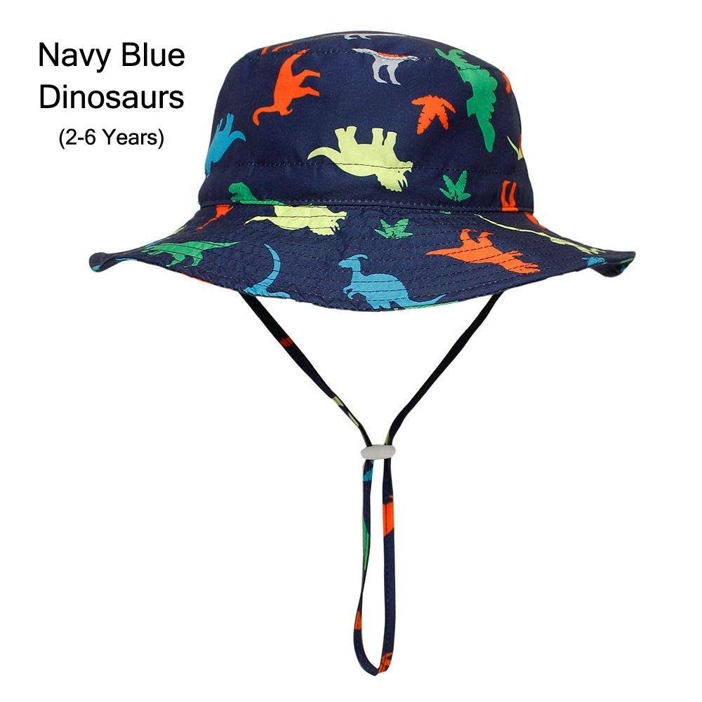 

Breathable Children s Bucket Hat with Chin Strap UV Protection Beach Hat for Boys and Girls (2-6 Years)-Navy Blue Dinosaurs
