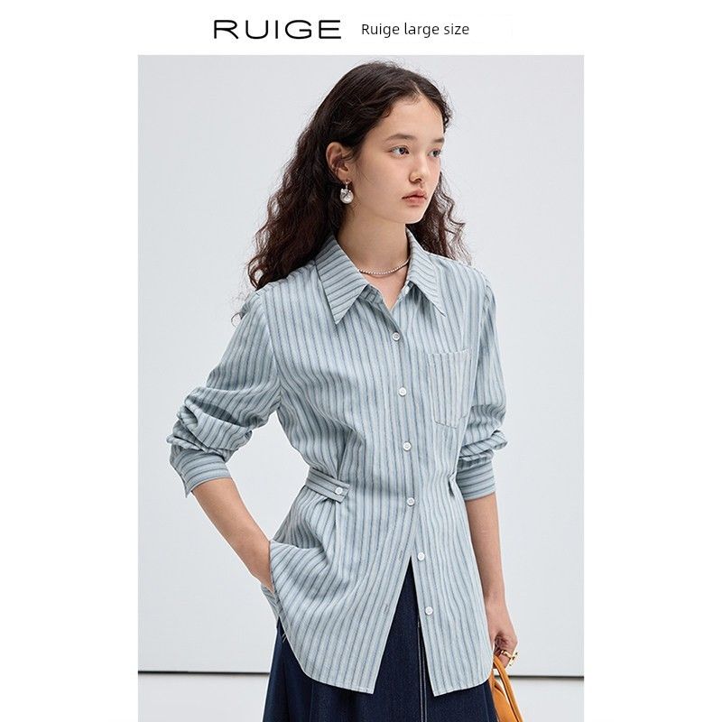 

Ruige Plus-Size Women s Blue-Gray Velvet-Like Striped Shirt for Women, Designed with a Waist-Cinching Effect, Long-Sleeve Spring Top Blue and Gray Striped Shirt (Ready in Stock) XXXL
