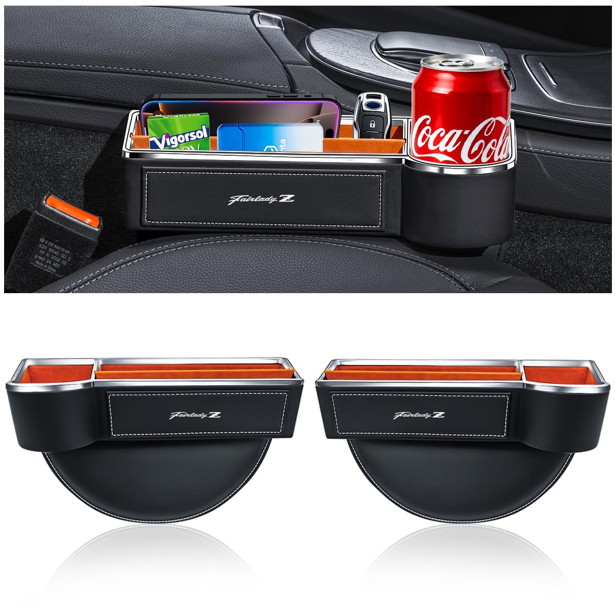 Side Storage Box for Nissan Fairlady Z with Drink Holder and Small Item Fits Fairlady Z Z34 Seat Gap Armrest Storage Gap Black PU Leather with Metal чёрный