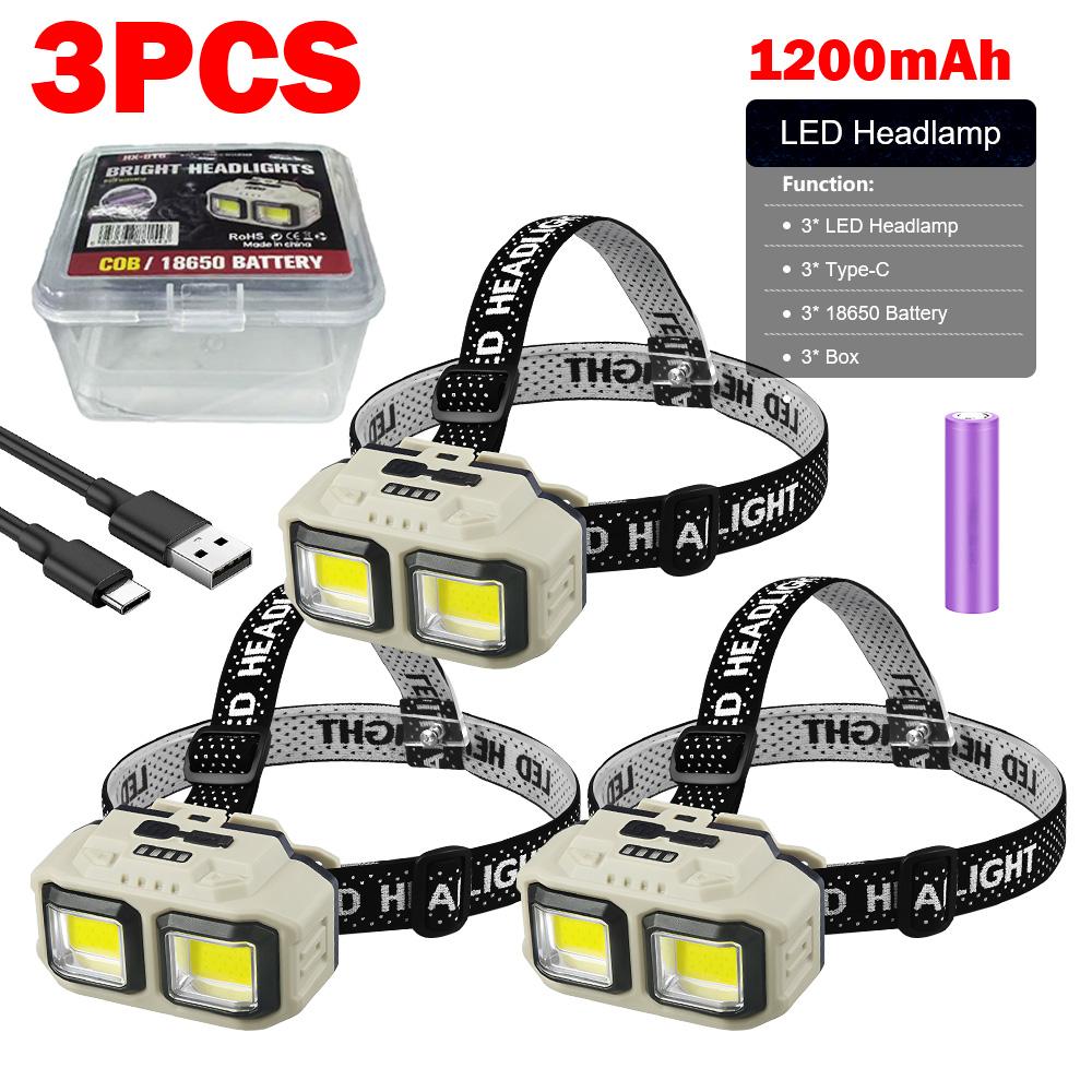 Powerful COB LED Headlamp Waterproof USB C Rechargeable Head Flashlight 18650 EDC Head Torch for Outdoors Hiking Fishing Camping
