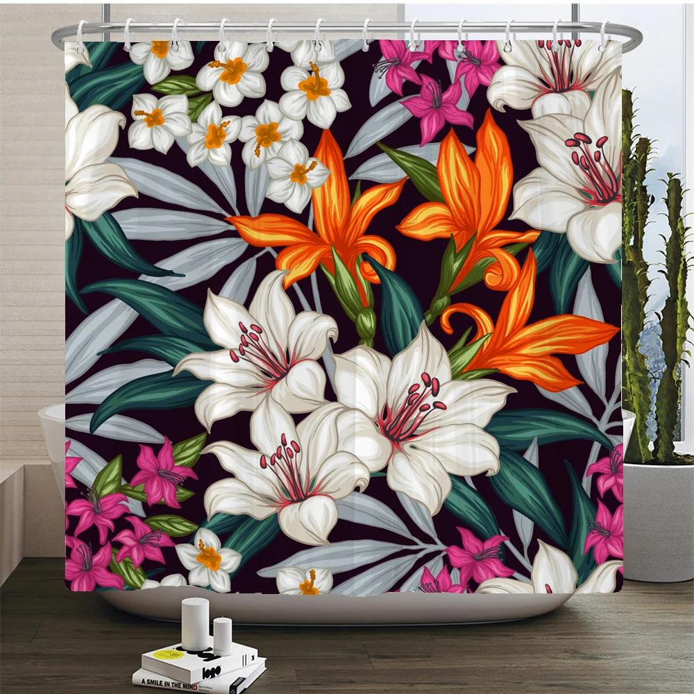 

European Retro Flowers Bathroom Curtains Green Leaf Plant Waterproof Polyester Shower Curtain Nordic Home Bathroom Decoration W60H190(CM)-1 Pcs