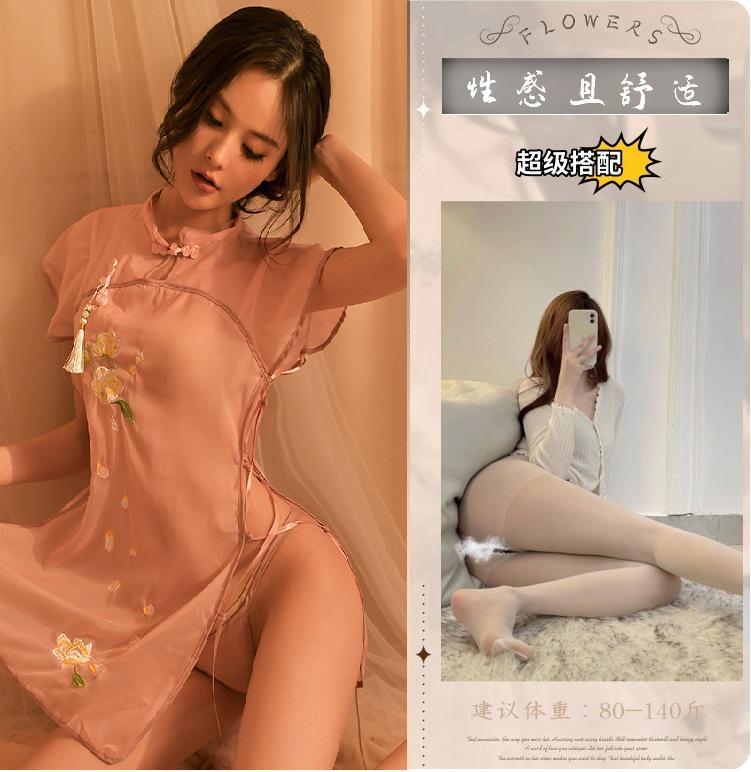 Sexy Sexy Underwear Uniform Hot Perspective Classical Stand-up Collar Sexy Cheongsam Retro Embroidery Split Pajamas Underwear