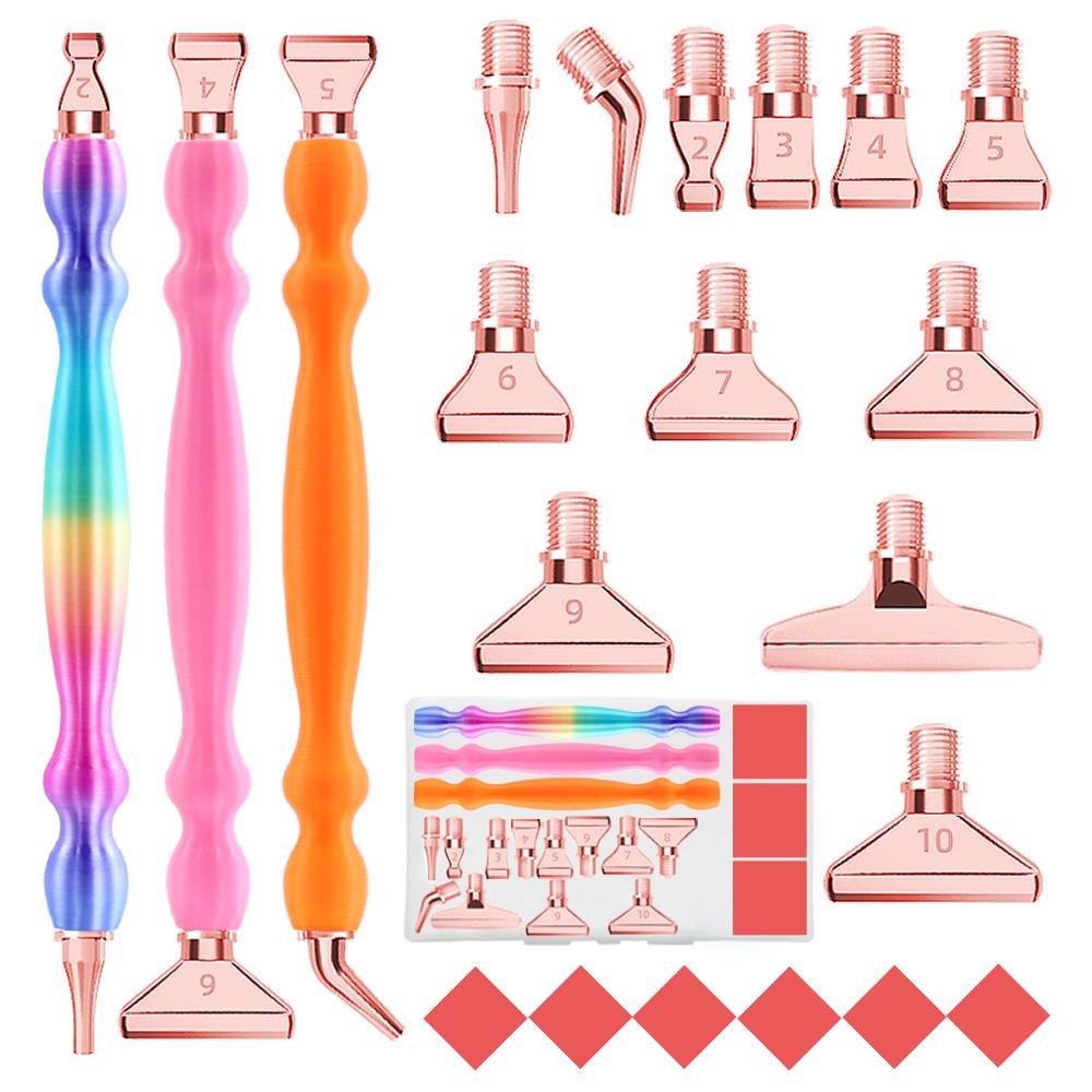 3 Stück 3D-Druck Diamantmalerei Punktbohrer Stift Werkzeugset mit 12 Stück Roségold Metallstiftspitzen & 6 Stück Klebeknete für Diamantkunst