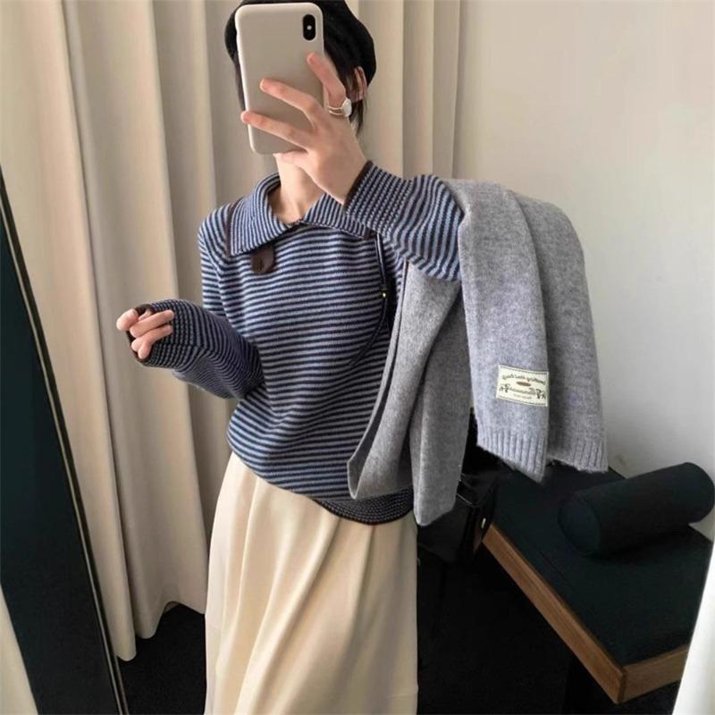 Gentle wind soft waxy stripes contrasting color lapel sweater women's top autumn and winter new pullover knitted sweater thick