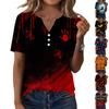Women's Casual Halloween Print V Neck Button Front Three Quarter Sleeve T Shirt Top for Everyday Wear