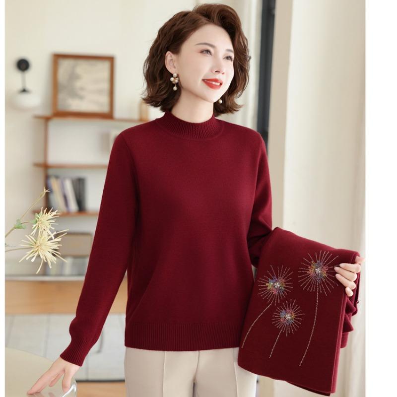 Middle-aged and old women's cardigan natal year sweater jacket mother spring and autumn red knitted two-piece autumn and winter bottoming shirt