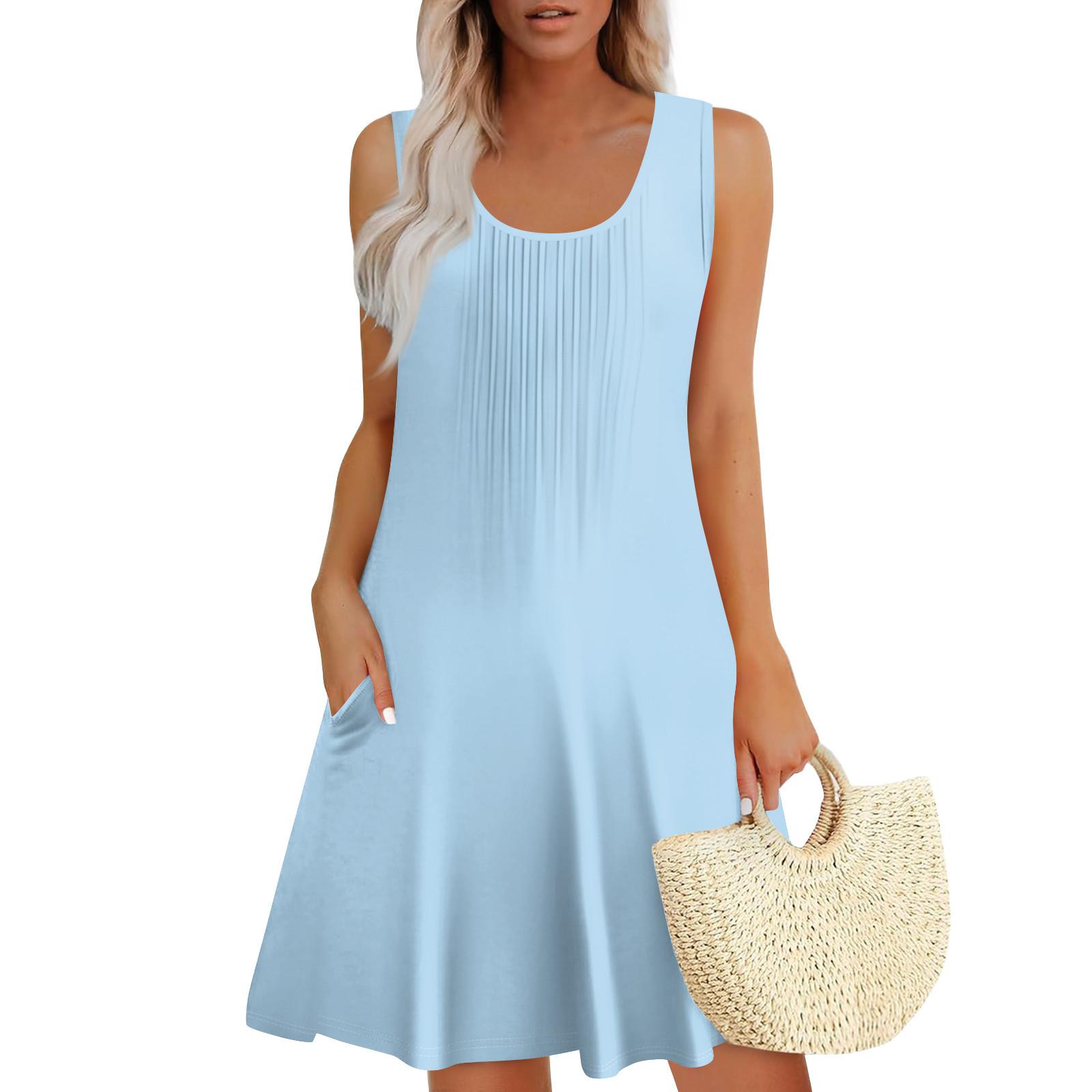 

Womens Summer Dresses Loose Sleeveless Sundresses Dress With Pockets XL небо синє кольору