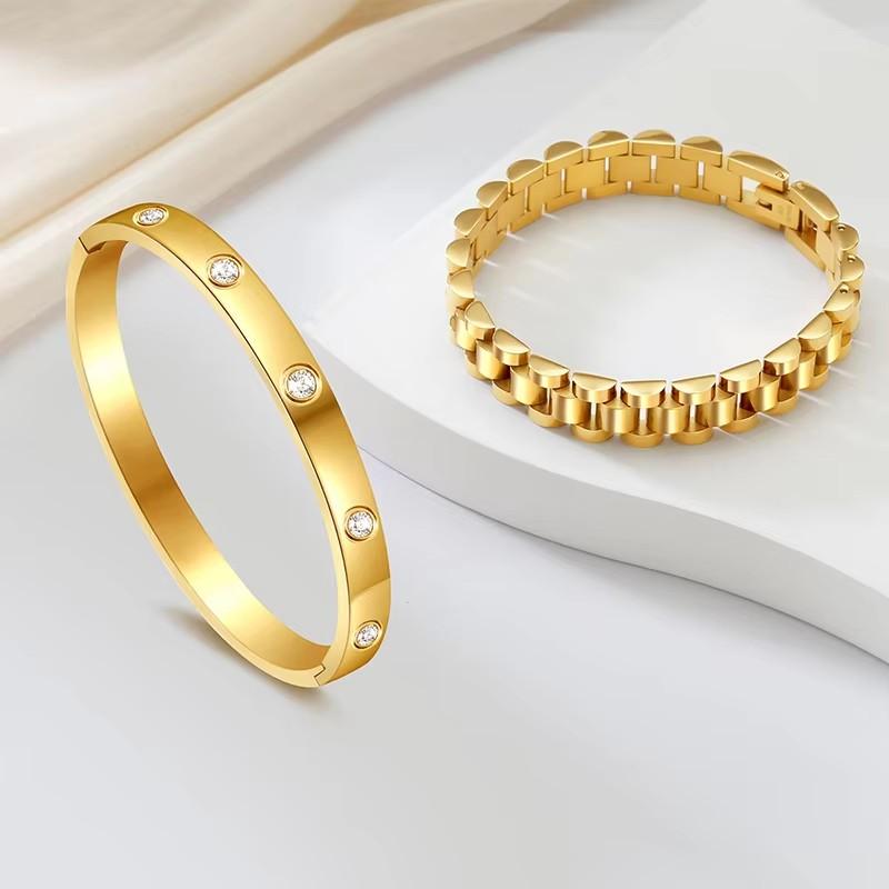 2PCS French Style Stainless Steel Women's Wrist Bracelet, High-quality Shiny Zircon 18K Gold-plated Non Fading Jewelry Gift