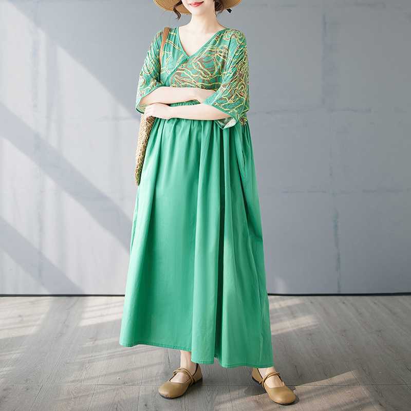 Cotton and Linen Summer Patchwork Retro Style Dress Long Skirt