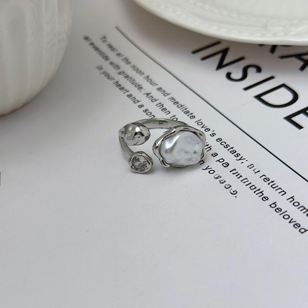 Personality Retro Baroque Imitation Pearl Zircon Adjustable Opening Rings for Women Party Statement Ring Stainless Steel Jewelry