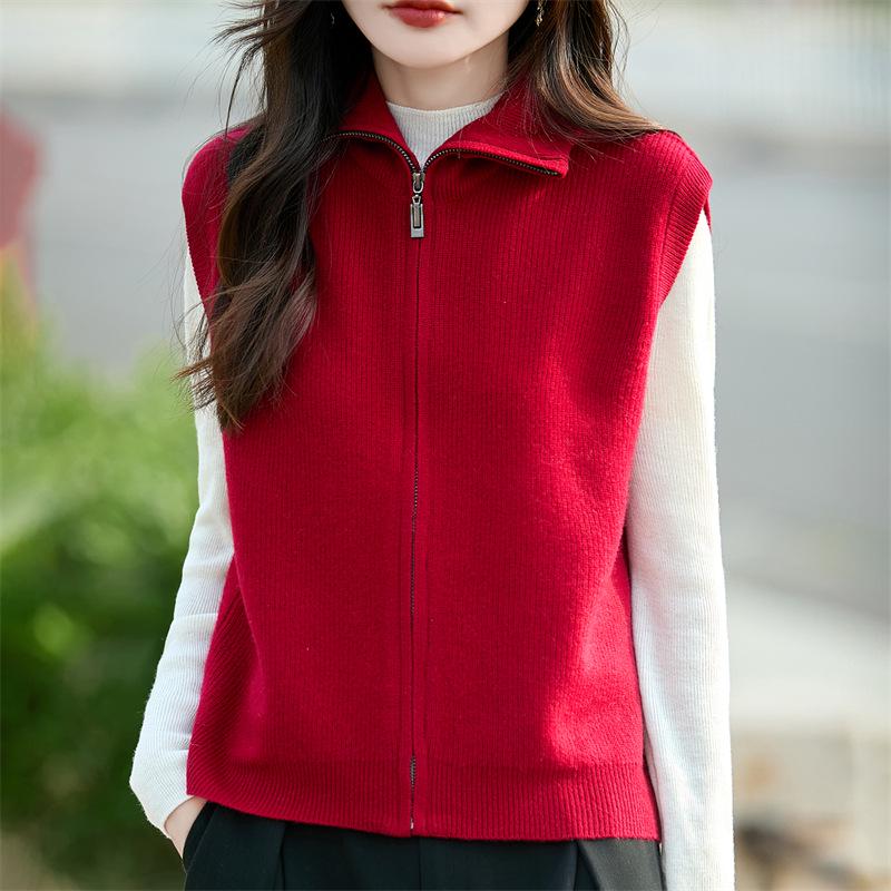 Women's 100% Pure Wool Sleeveless Cardigan Vest - Autumn/Winter Lapel Zipper, Loose & Slimming Knit Sweater
