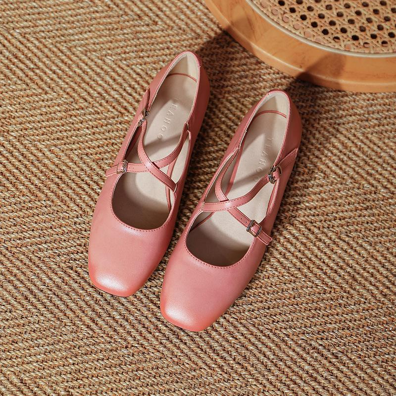Ballerines Mary Jane Rétro pour Femmes : Pointe carrée Marron Rouge Sangle Croisée, Style Ballet Minimaliste, Culte sur Internet pour Quotidien/Bureau/Décontracté XW-5537-2
