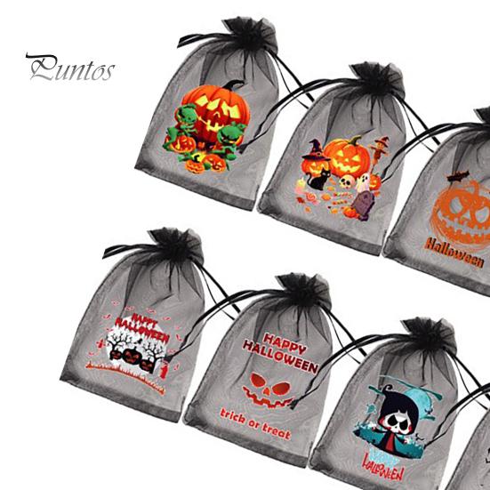 Halloween Party Prop 12 Pcs Organza Candy Bag, Drawstring Treat Pouch with Pumpkin Ghost Bat Storage Bag Print, Sheer Favor for Snacks, Trick or Gift