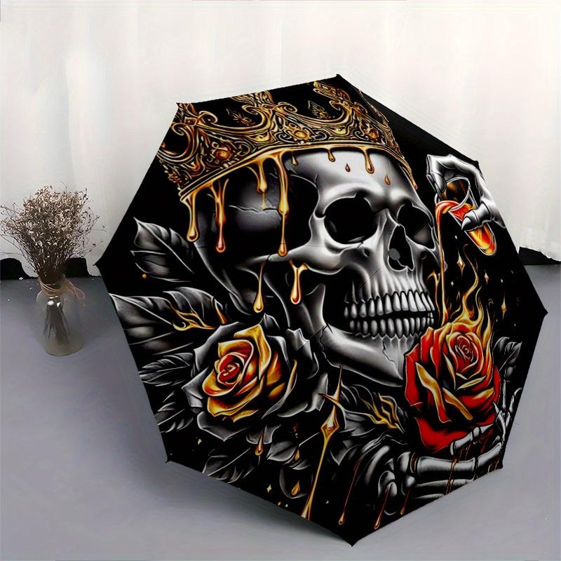 1pc Golden Crowned Skull with Roses Automatic Opening and Closing Umbrella - Small Umbrella Suitable for Various Occasions W049