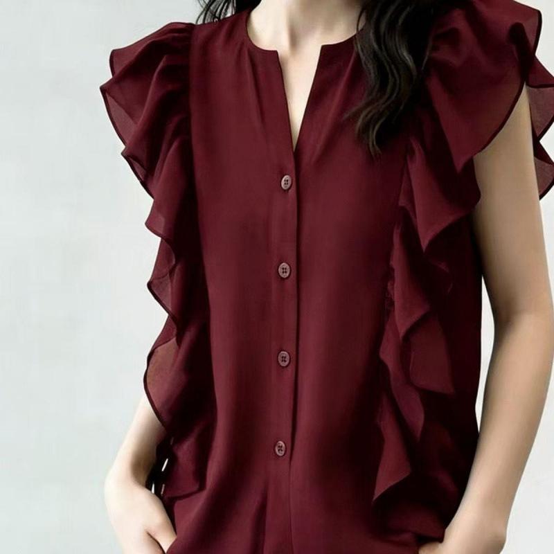 Premium Solid Color Ruffle Edge Short-sleeved Shirt Thin Summer New Fashion Niche Design Thin Top