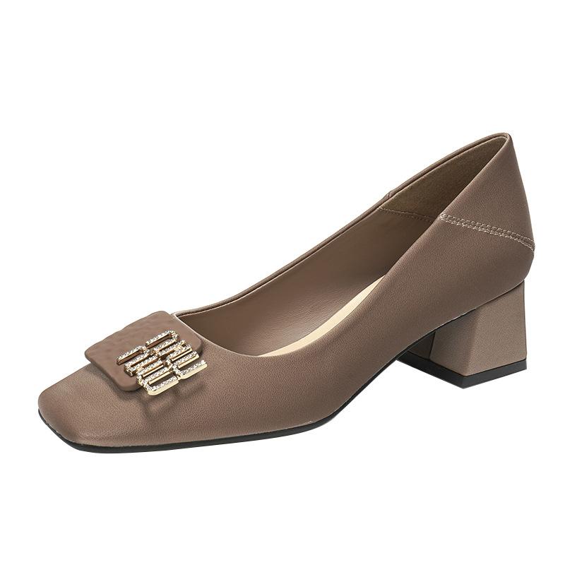 Sheepskin square buckle thick heel medium heel high heels women's square head grandma shoes two wear can step on the heel single shoes soft leather