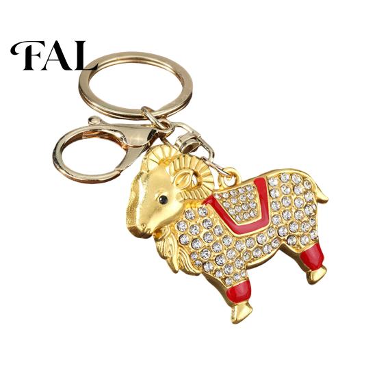 Durable Metal Keychain Zodiac with Rhinestones, Sheep Design Bag Pendant, Chinese New Year Lucky Goat Key Charm, Feng Shui Ornament for Car