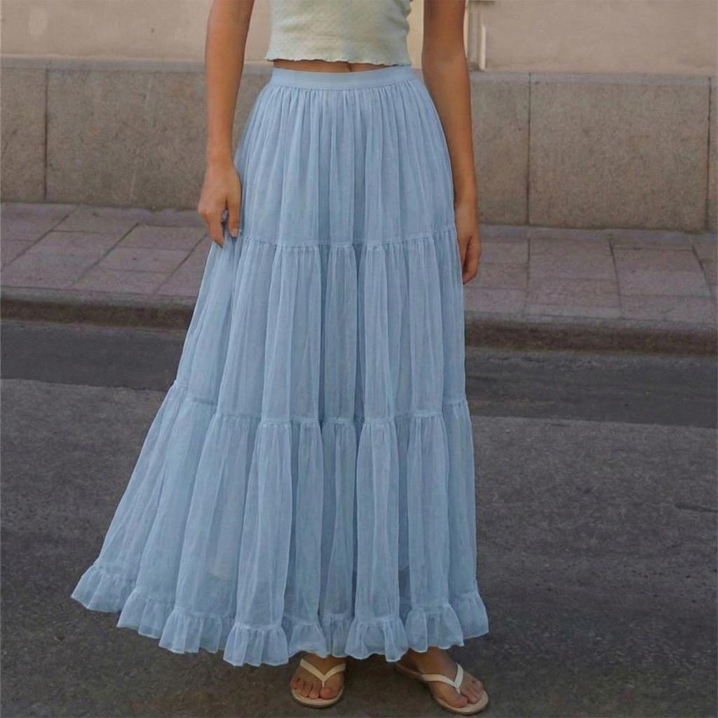 Women’s Fashion Solid Ruched Mesh Tiered Maxi Skirt High Waist Flared Hem Long A Line Skirt Lightweight Layered Design