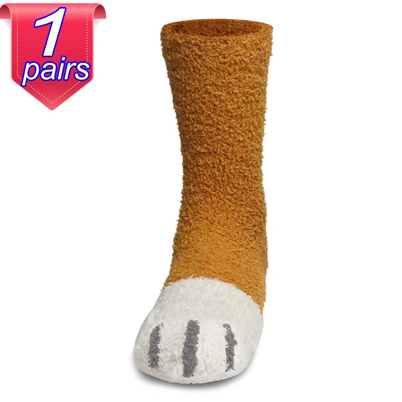 

1-3 пары плюшевых носков-тапочек из кораллового флиса с изображением кошачьих лапок, толстые пушистые спальные носки для женщин, теплые зимние осенние носки 32cm long