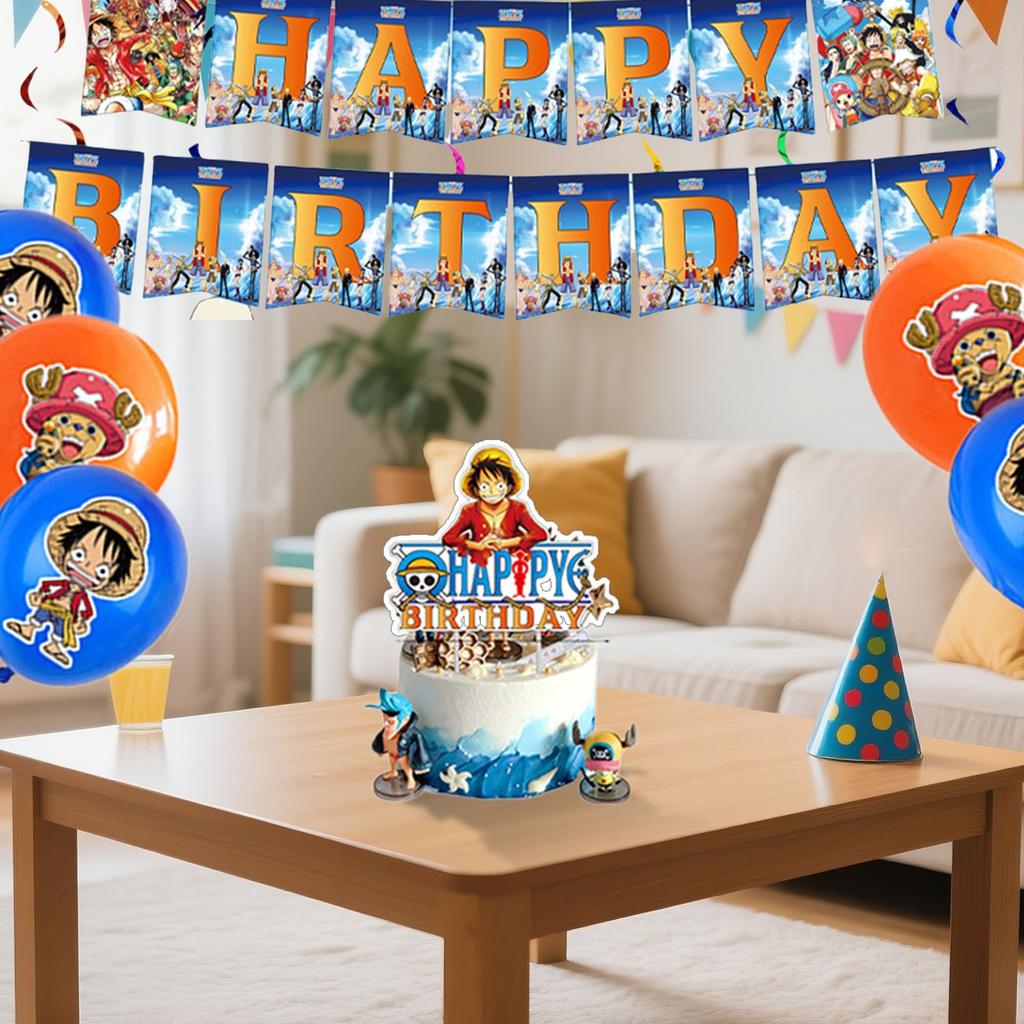 Cartoon Anime Theme Birthday Party Decorations, Pull Flags, Hanging Spiral Balloons, Insert Rows, Birthday Decorations