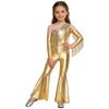 Girls Pageant & Stage Romper: Metallic Shiny Off Shoulder Jumpsuit with Sequin Tassels & Bell Bottom Legs for Disco