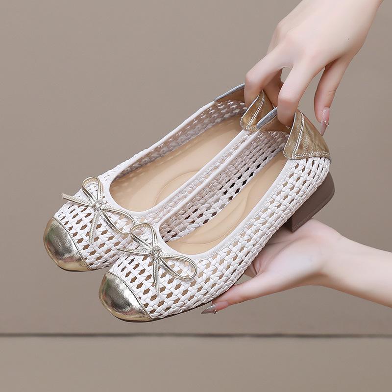 Fashion GKTINOO 2025 Summer New Genuine Leather Sandals For Women Hand-woven Hollow Low Heels Soft Sole Large Size Women's Shoes