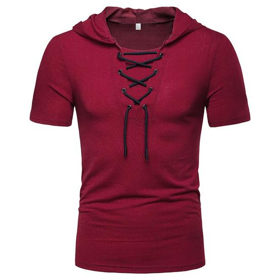 Men T-shirt Pure Color Lace-up Breathable Casual Summer Top for Daily Wear