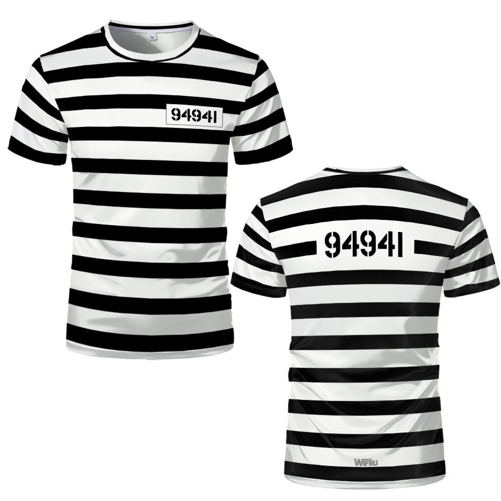 

Abstract Prison Uniform Style Striped Print T-shirt Funny Role-playing Short-sleeved Top Unisex Humorous Personalized Streetwear XXL