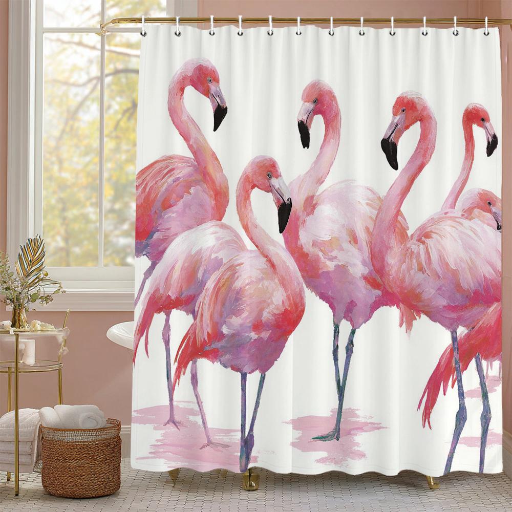 Flamingo Shower Curtain, Floral Botanical Tropical Plant Art Deco Bathroom Decorative Shower Curtain, Print Curtain with Hooks