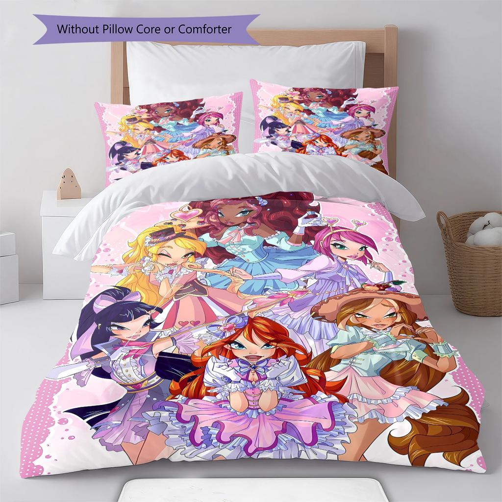 WonderfulPrecur,Winx Club Pattern Bedding,Quilt Set Quilt Cover Pillowcase Home Birthday Gift (1 * Duvet Cover + 2 * Pillowcase, Without Core)