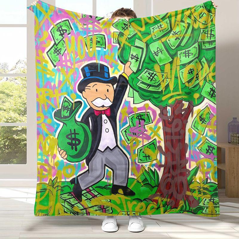 Cartoon Monopoly Dollar Game Flannel Blanket,Ultra Soft Warm Plush Throw for Home Bedroom Bed Sofa Cover Office Camping Picnic