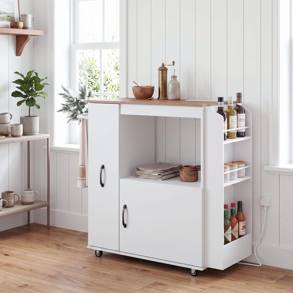 Kitchen Trolley on Wheels with Power Outlet, Cabinet, White