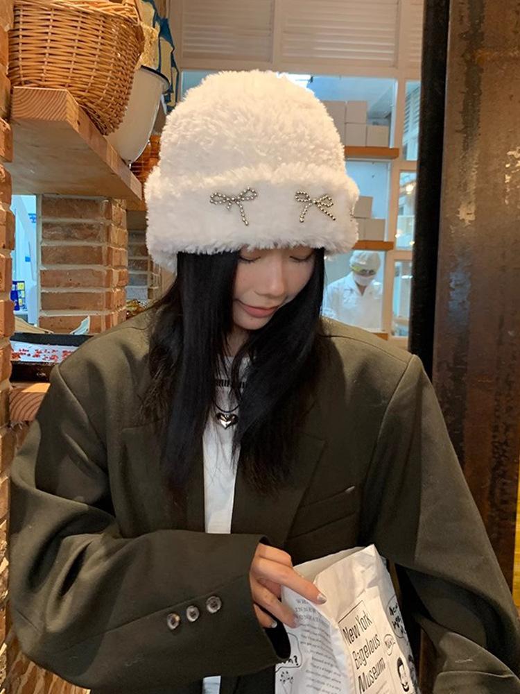 

Blogger bow knitted wool hat autumn and winter ins big head circumference versatile fashion ear protector cold hat women M（56-58cm）