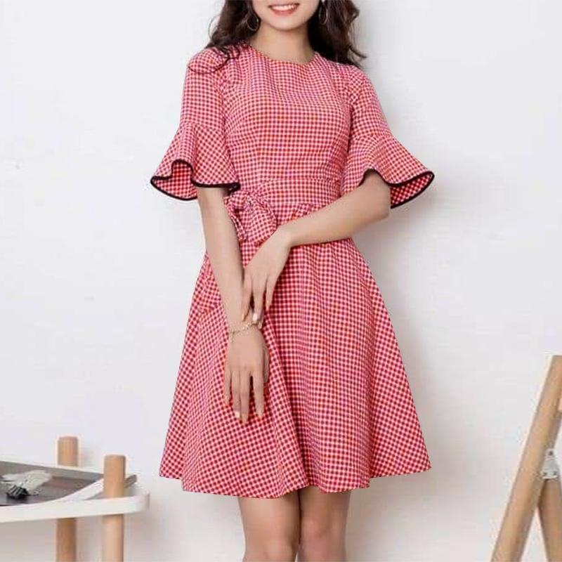 

ZANZEA Жіночі елегантні сукні в клітку з круглим вирізом і рюшами з короткими рукавами 4XL