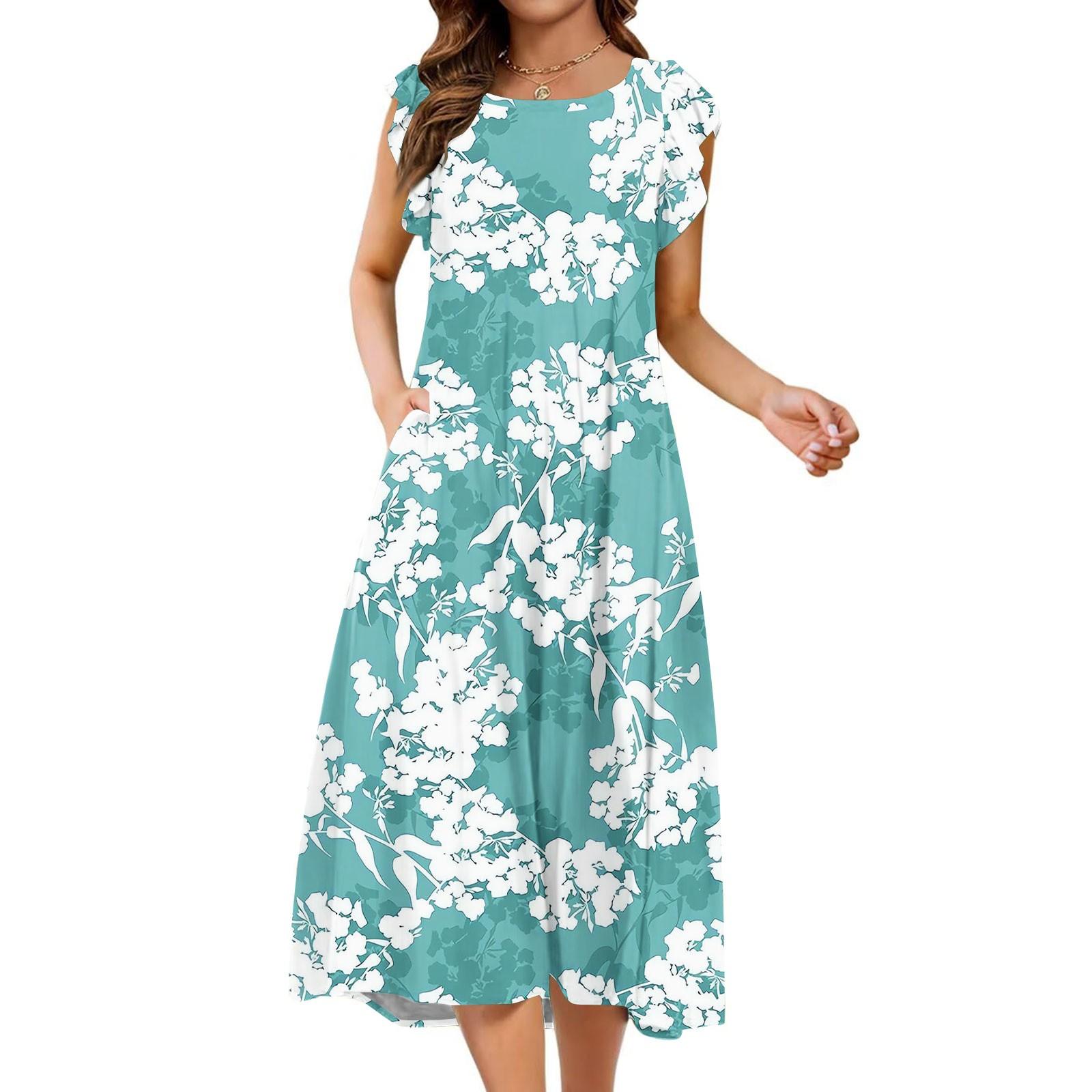 

Женское цельное платье с короткими рукавами, расклешенными рукавами, свободного покроя, с круглым вырезом S циан